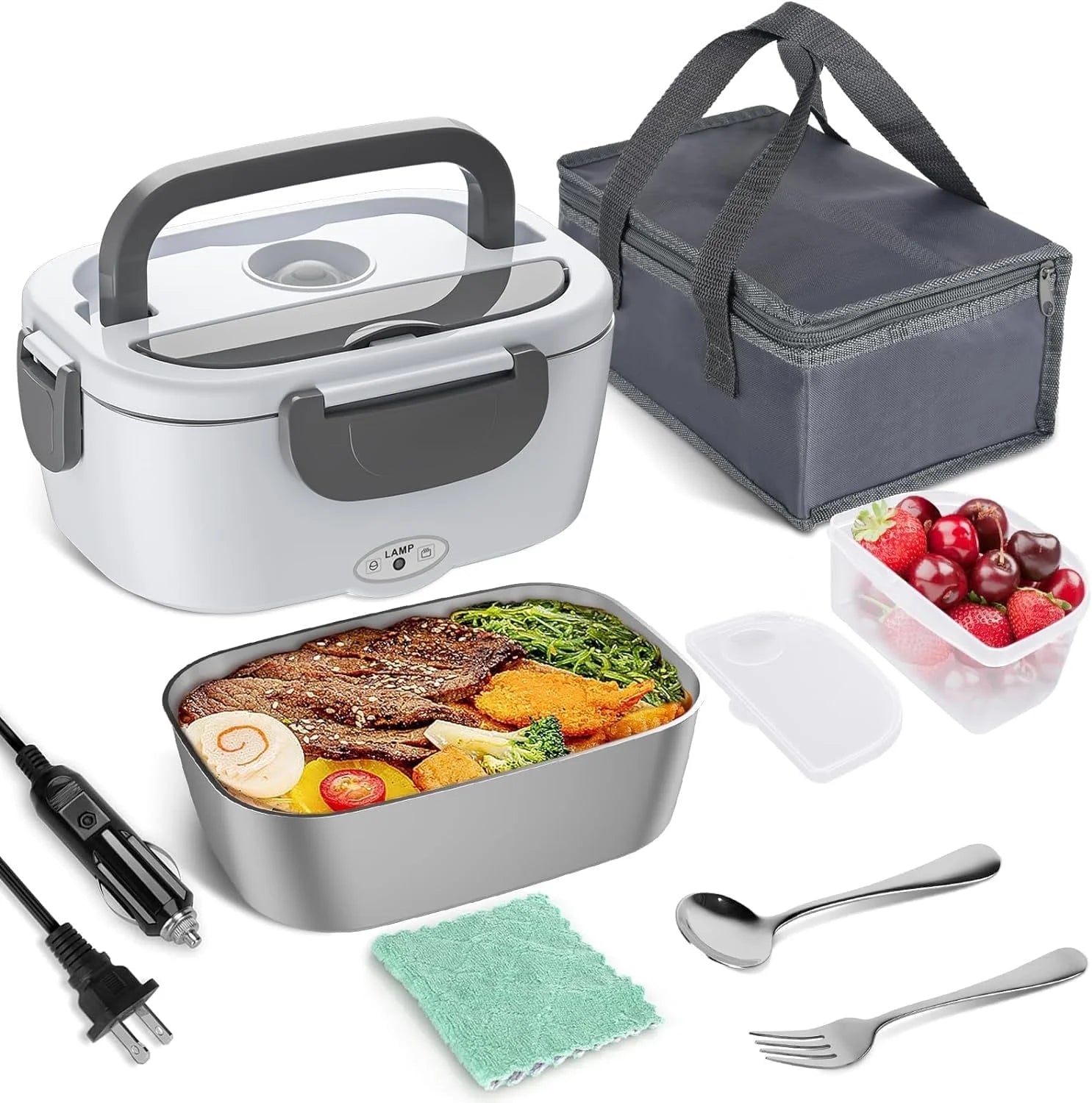 Electric Lunch Box Food Heater - 80W Portable Heating Container for Car, Home, and Work, 1.5L Removable 304 Stainless Steel, Compatible with 110V/12V/24V, Includes Fork and Spoon