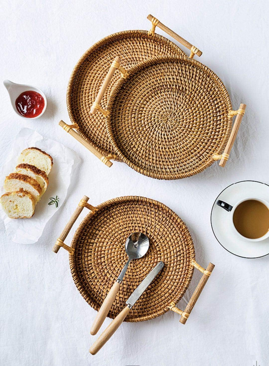 Handcrafted Round Rattan Tray with Handle - Versatile Food Basket for Displaying Bread, Coffee, Breakfast, or Fruit (11 x 11 x 0.39 in)