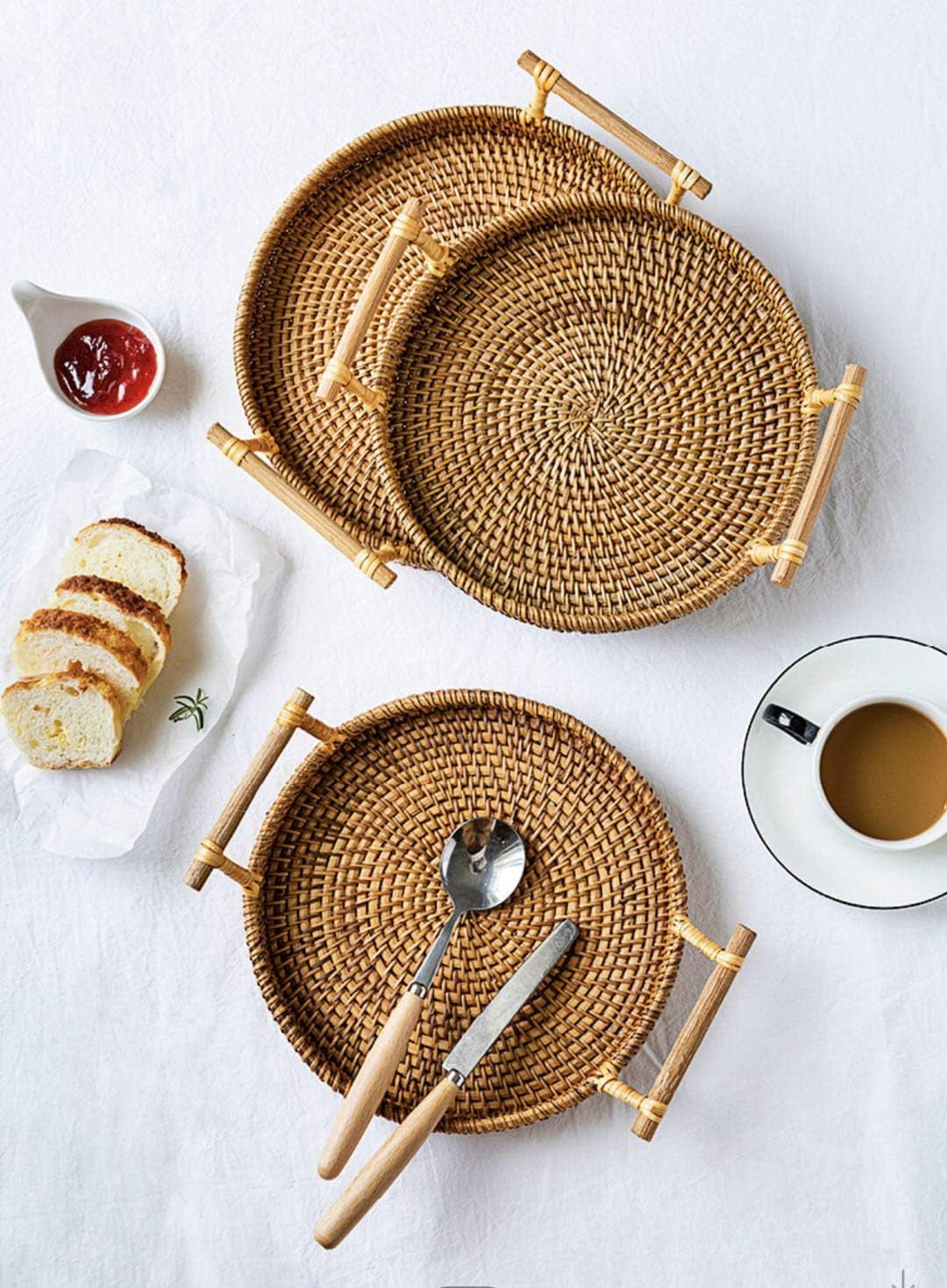 Handcrafted Round Rattan Tray with Handle - Versatile Food Basket for Displaying Bread, Coffee, Breakfast, or Fruit (11 x 11 x 0.39 in)