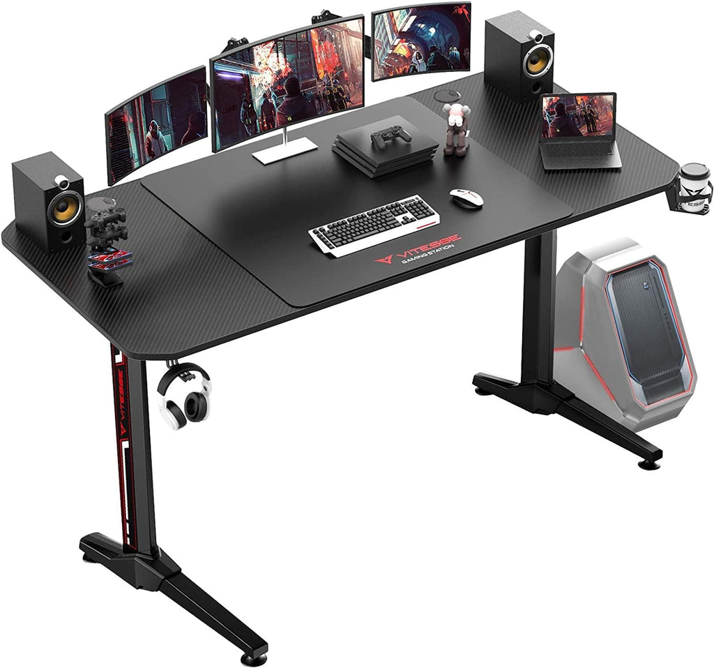 63 Inch Ergonomic Gaming Desk, T-Shaped Office PC Computer Desk with Desk Mouse Pad, Gamer Tables Pro with USB Gaming Handle Rack, Stand Cup Holderandheadphone Hook (63 Inch, Black)