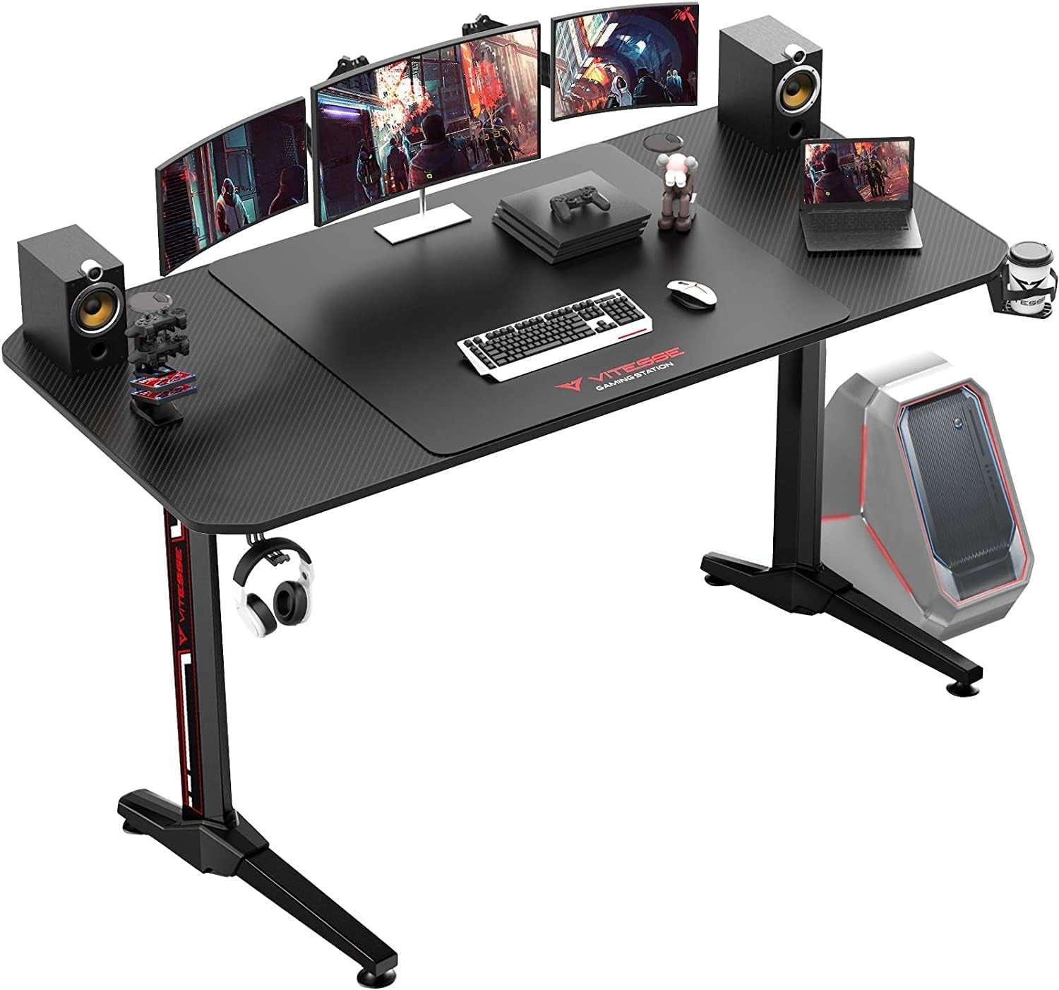 63 Inch Ergonomic Gaming Desk, T-Shaped Office PC Computer Desk with Desk Mouse Pad, Gamer Tables Pro with USB Gaming Handle Rack, Stand Cup Holderandheadphone Hook (63 Inch, Black)