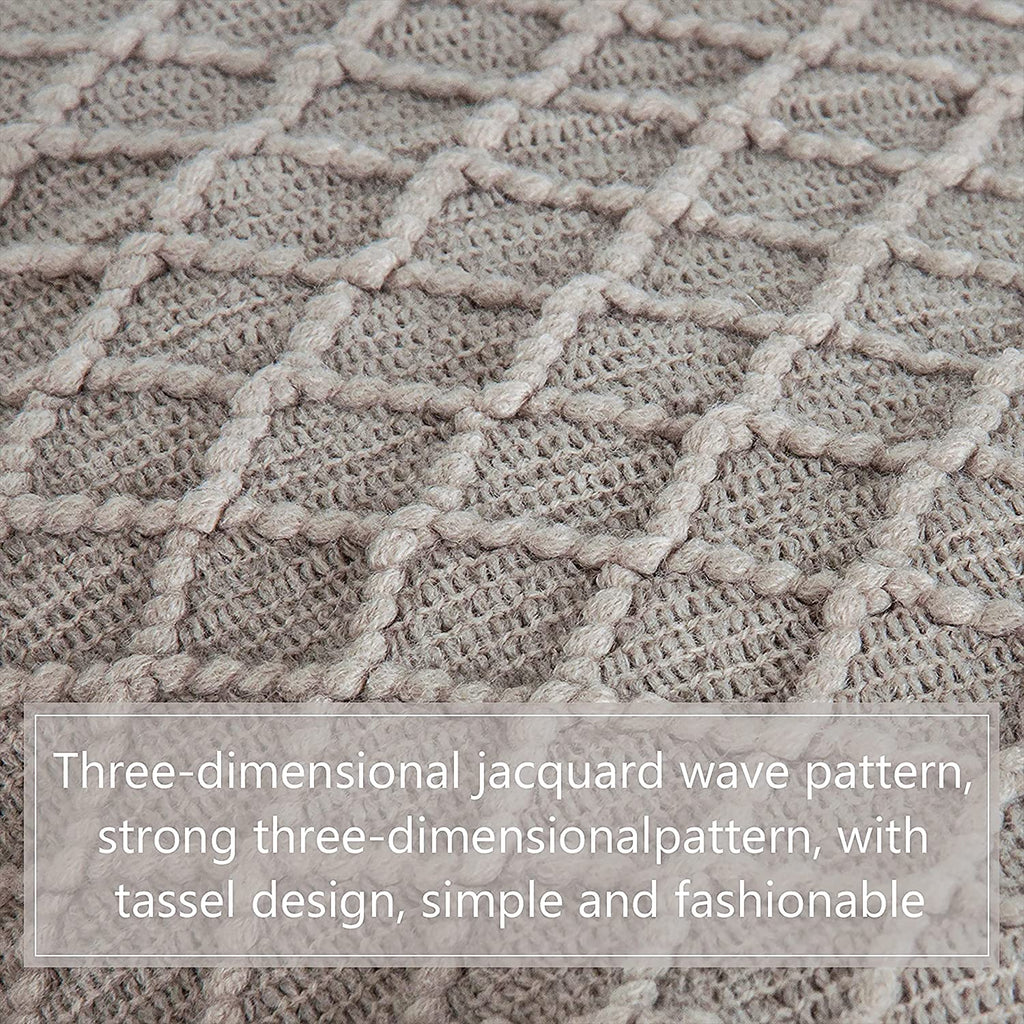 Acrylic Knitted Throw Blanket - Lightweight and Soft Cozy Woven Blanket with Tassels for Travel, Couch, Bed, and Sofa, 51 x 67 Inches, Taupe Checkered Design