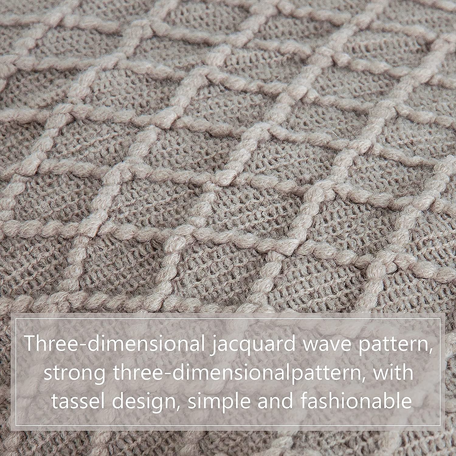 Acrylic Knitted Throw Blanket - Lightweight and Soft Cozy Woven Blanket with Tassels for Travel, Couch, Bed, and Sofa, 51 x 67 Inches, Taupe Checkered Design