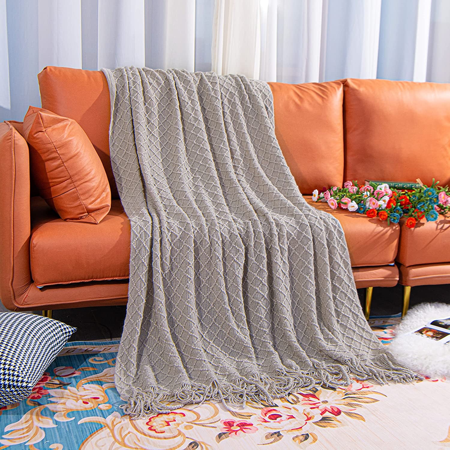 Acrylic Knitted Throw Blanket - Lightweight and Soft Cozy Woven Blanket with Tassels for Travel, Couch, Bed, and Sofa, 51 x 67 Inches, Taupe Checkered Design
