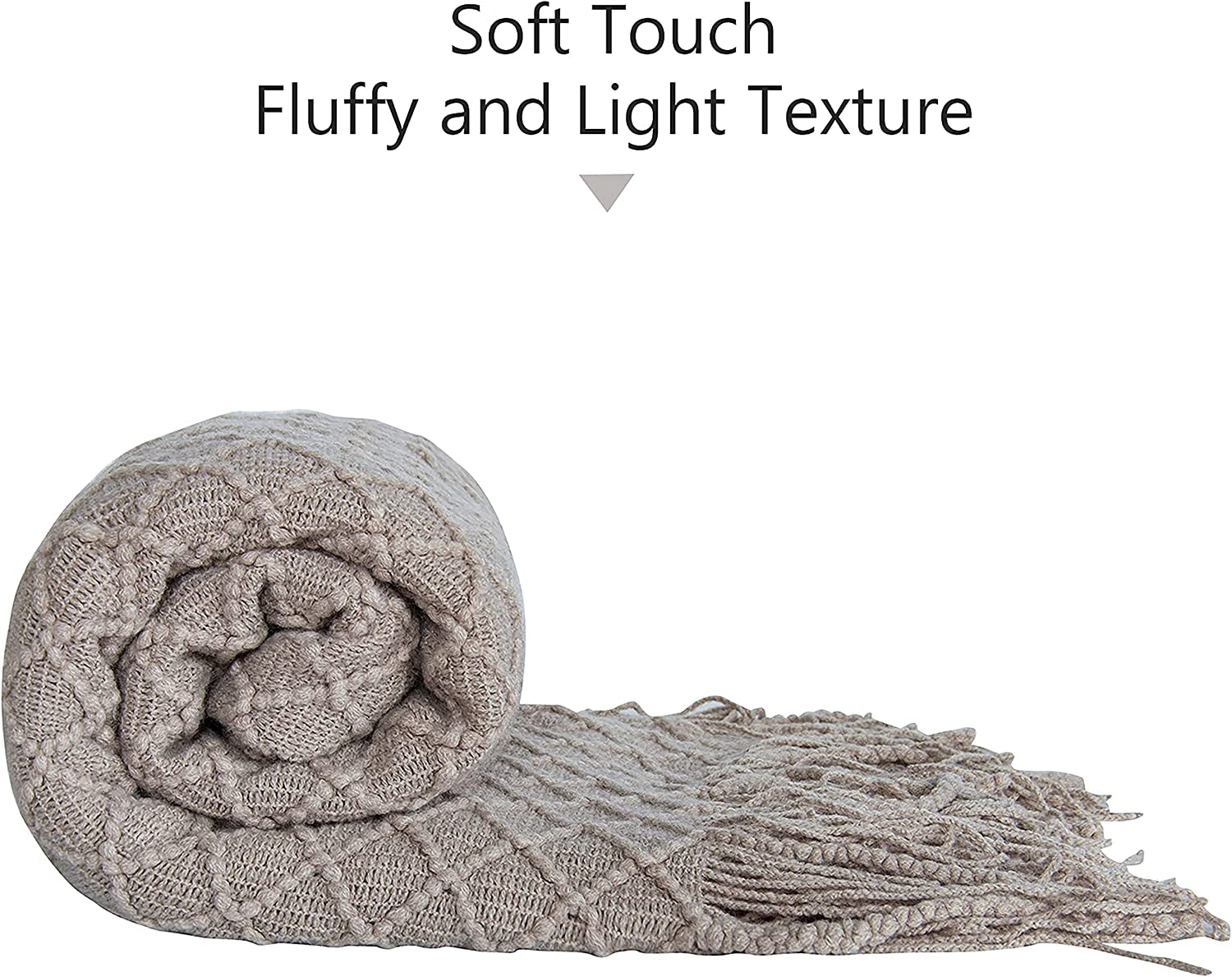 Acrylic Knitted Throw Blanket - Lightweight and Soft Cozy Woven Blanket with Tassels for Travel, Couch, Bed, and Sofa, 51 x 67 Inches, Taupe Checkered Design