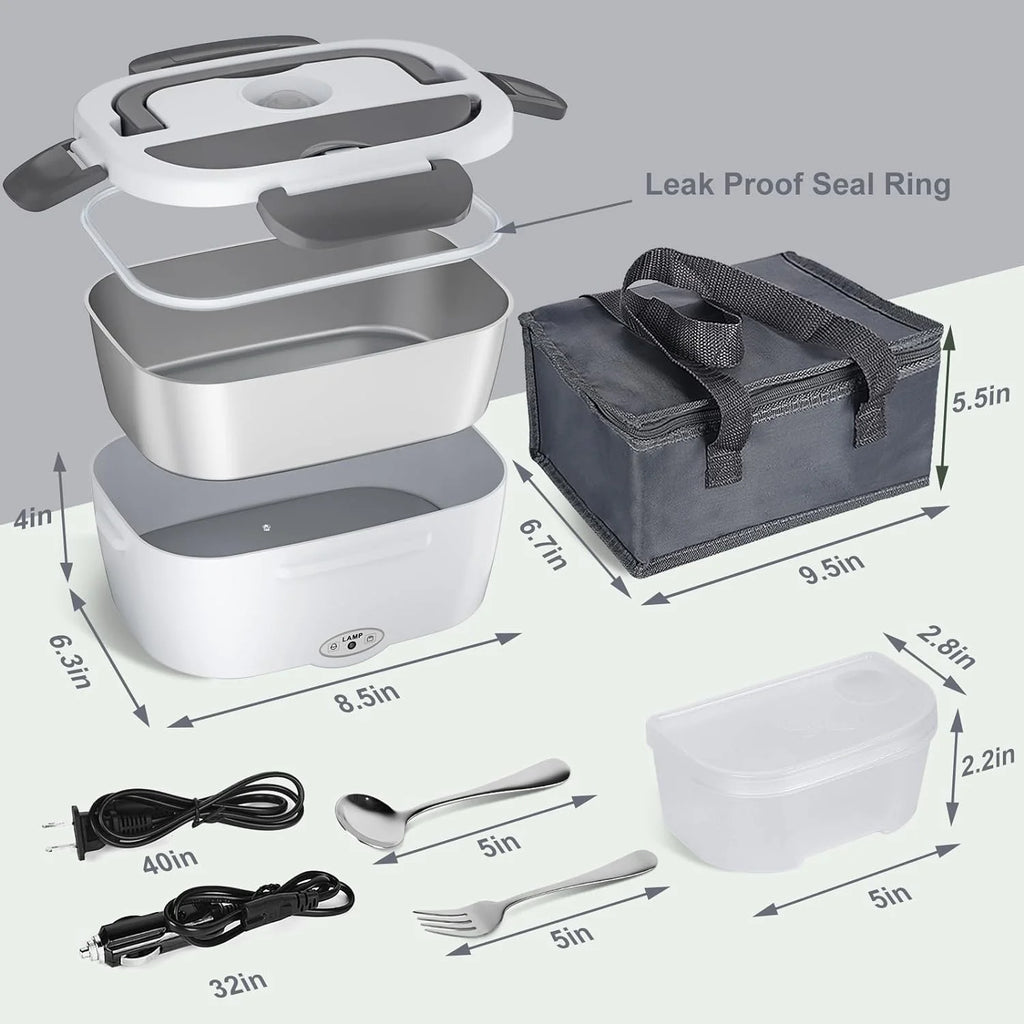 Electric Lunch Box Food Heater - 80W Portable Heating Container for Car, Home, and Work, 1.5L Removable 304 Stainless Steel, Compatible with 110V/12V/24V, Includes Fork and Spoon