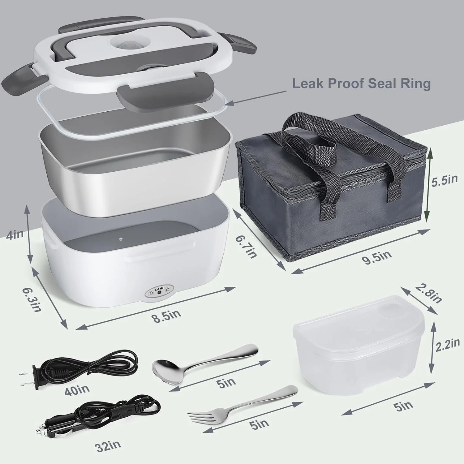 Electric Lunch Box Food Heater - 80W Portable Heating Container for Car, Home, and Work, 1.5L Removable 304 Stainless Steel, Compatible with 110V/12V/24V, Includes Fork and Spoon