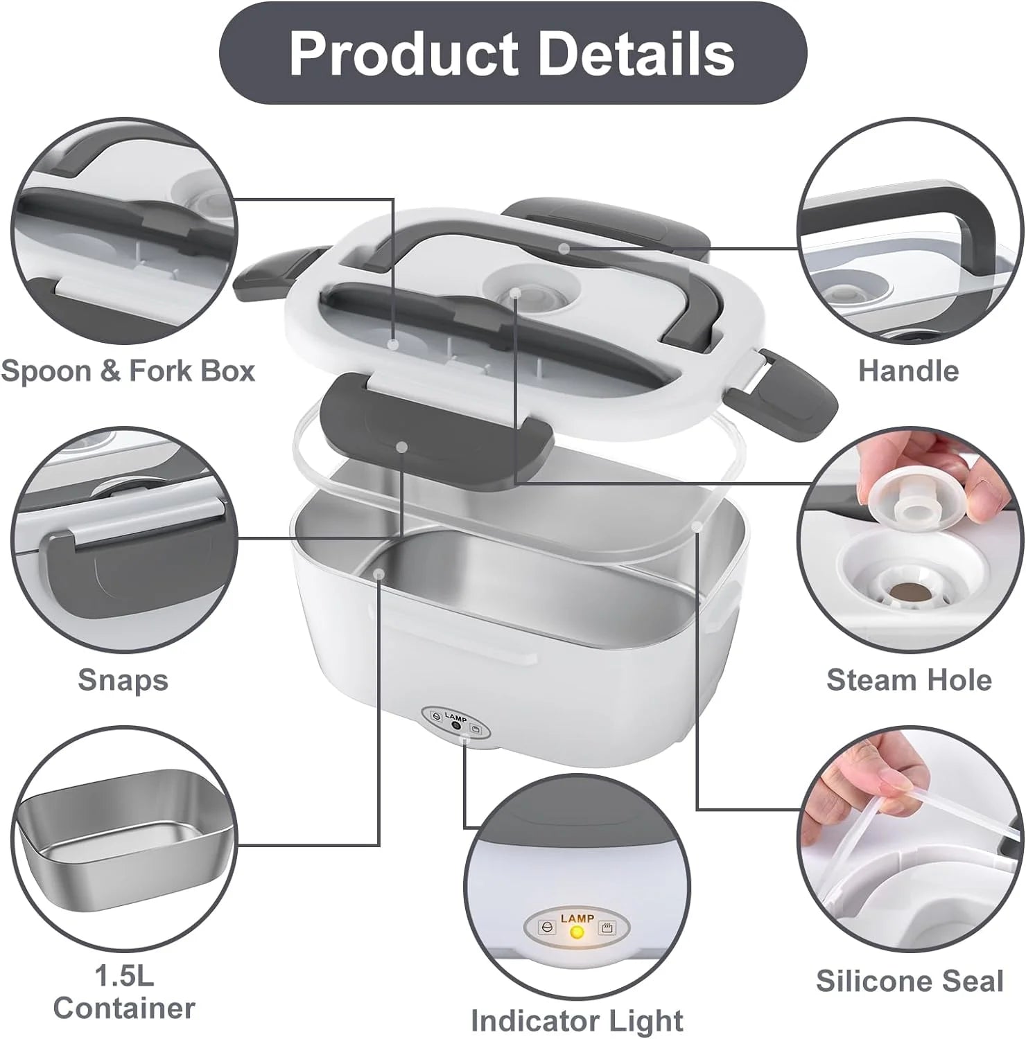 Electric Lunch Box Food Heater - 80W Portable Heating Container for Car, Home, and Work, 1.5L Removable 304 Stainless Steel, Compatible with 110V/12V/24V, Includes Fork and Spoon