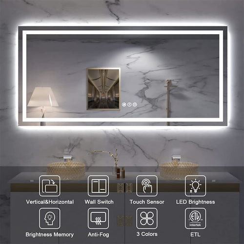 60" x 28" LED Bathroom Mirror with Front and Back Lighting, Dimmable, Anti-Fog, Memory Function, 3 Color Temperature Options, Shatterproof, ETL Listed