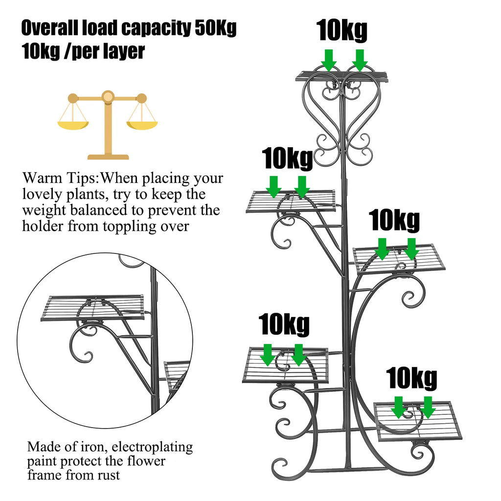 5-Tier Indoor Iron Plant Stand - Metal Flower Pot Display Rack for Garden and Outdoor Use
