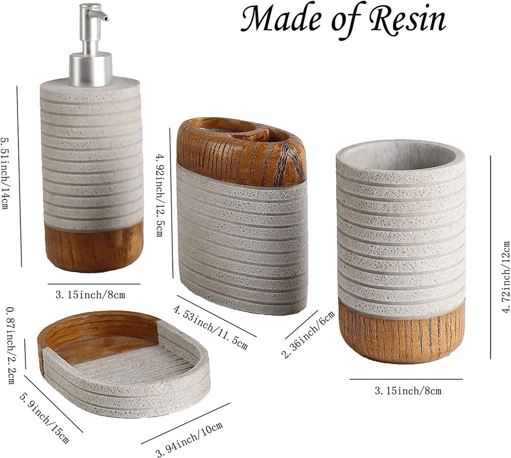 Bathroom Accessories Set - 4-Piece Resin Gift Set Including Toothbrush Holder, Soap Dispenser, Soap Dish, and Tumbler for Farmhouse Bathroom Decor