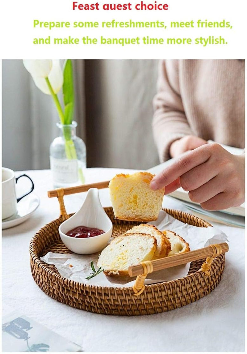 Handcrafted Round Rattan Tray with Handle - Versatile Food Basket for Displaying Bread, Coffee, Breakfast, or Fruit (11 x 11 x 0.39 in)