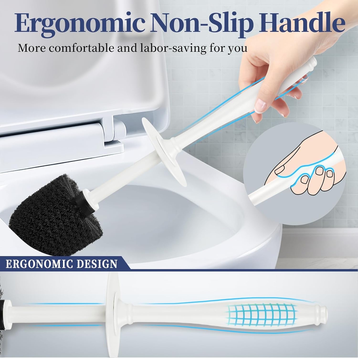 Toilet Bowl Brush Holder Set - 2 Pack Modern Bathroom Scrubber with Caddy for RV Use - Decorative Rim Cleaner Brushes (C-White)