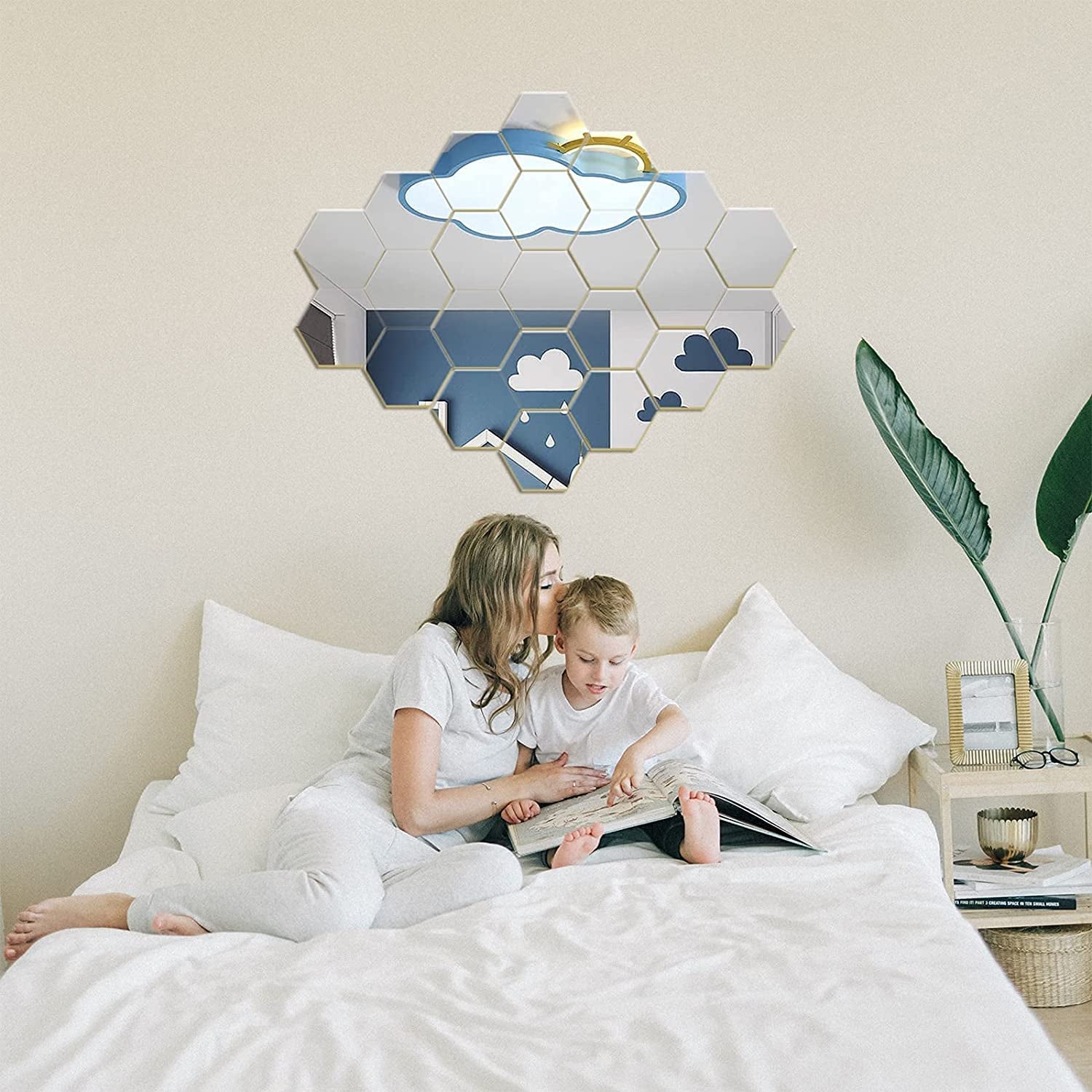Hexagon Acrylic Mirror Wall Stickers - 24 Self-Adhesive Tiles for Aesthetic Bedroom and Living Room Decor (3.4''x4''x2'', Silver)