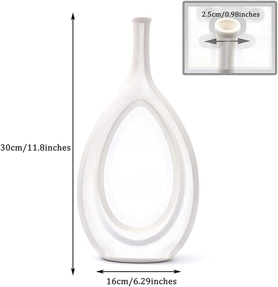 Ceramic Oval Geometric Vase in White, 11 Inches