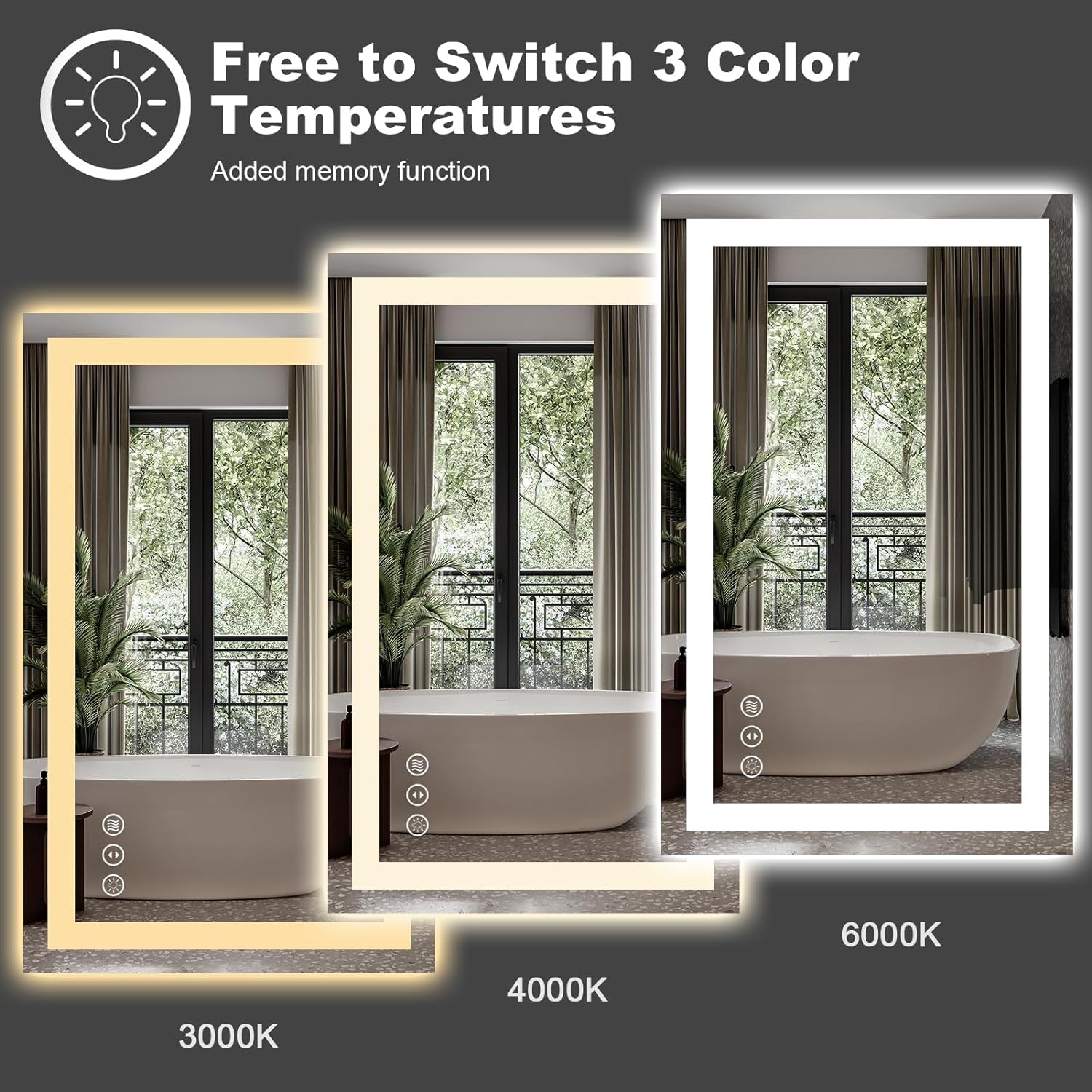 60" x 28" LED Bathroom Mirror with Front and Back Lighting, Dimmable, Anti-Fog, Memory Function, 3 Color Temperature Options, Shatterproof, ETL Listed