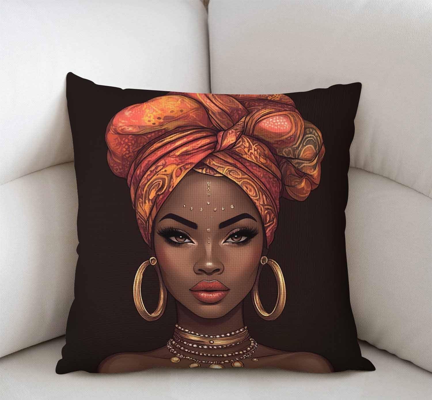 African American Woman Decorative Throw Pillow Cover for Home Decor - 18" x 18" Cotton Linen Cushion Case for Sofa and Couch Farmhouse Style