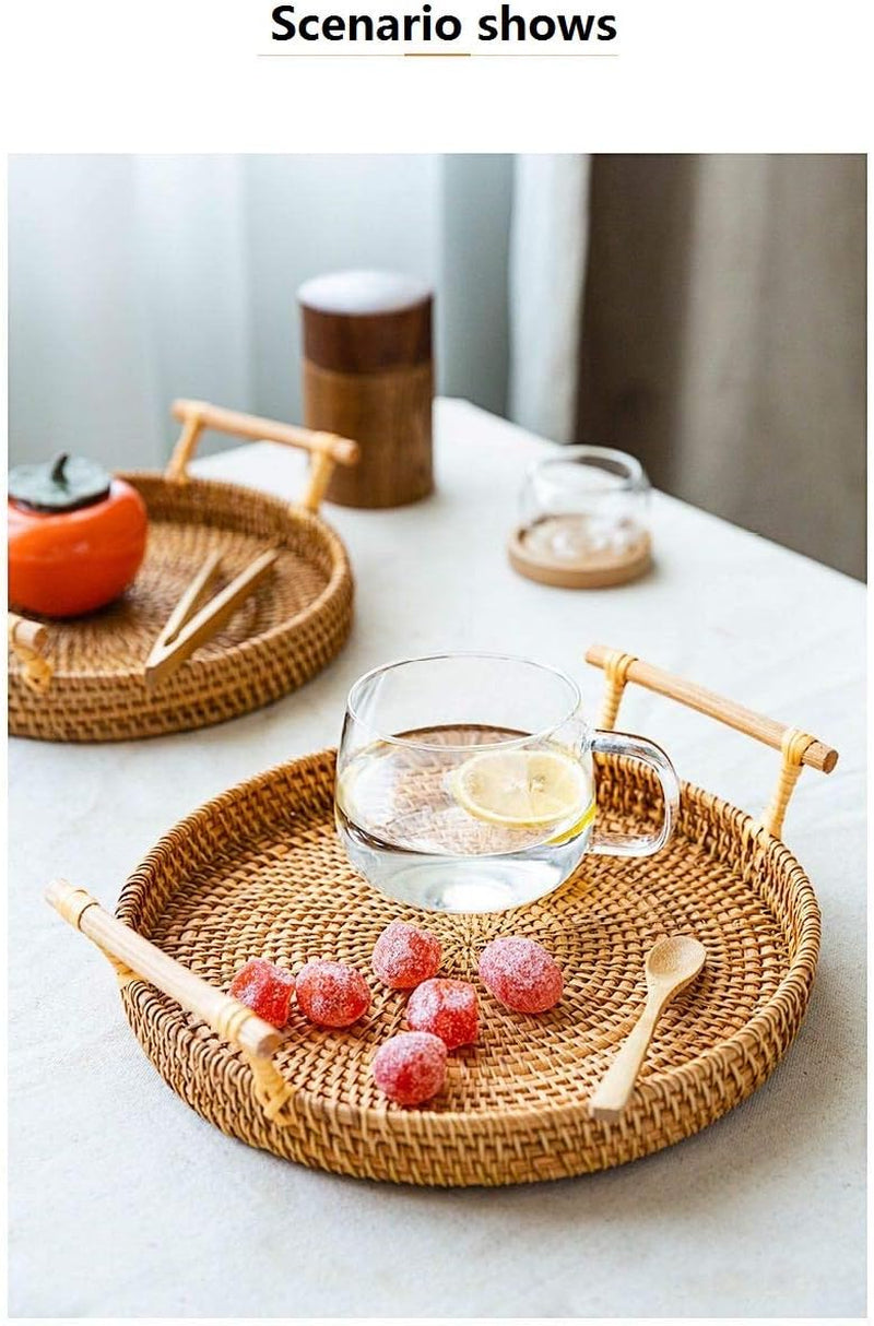 Handcrafted Round Rattan Tray with Handle - Versatile Food Basket for Displaying Bread, Coffee, Breakfast, or Fruit (11 x 11 x 0.39 in)