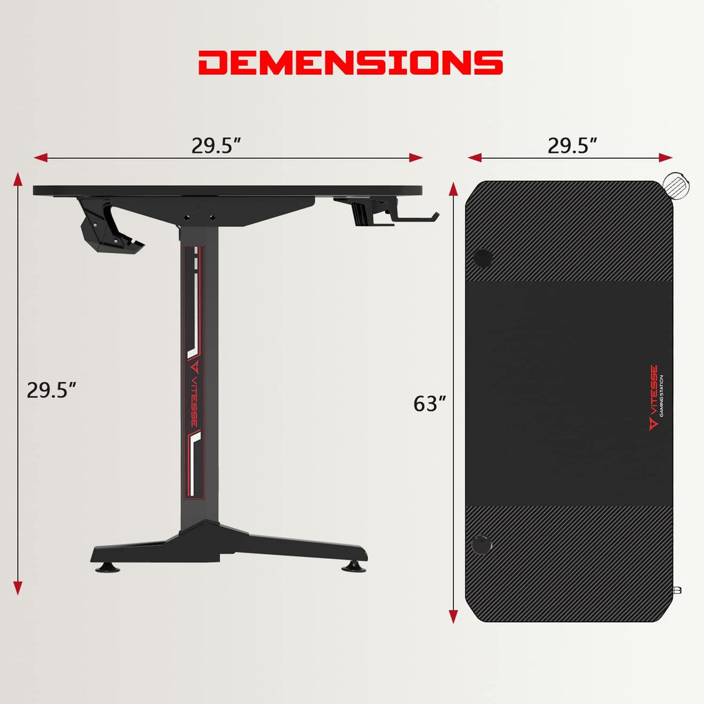 63 Inch Ergonomic Gaming Desk, T-Shaped Office PC Computer Desk with Desk Mouse Pad, Gamer Tables Pro with USB Gaming Handle Rack, Stand Cup Holderandheadphone Hook (63 Inch, Black)