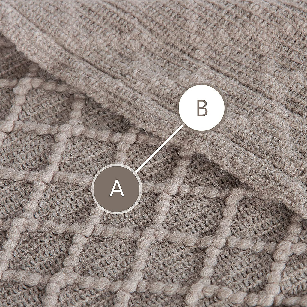 Acrylic Knitted Throw Blanket - Lightweight and Soft Cozy Woven Blanket with Tassels for Travel, Couch, Bed, and Sofa, 51 x 67 Inches, Taupe Checkered Design
