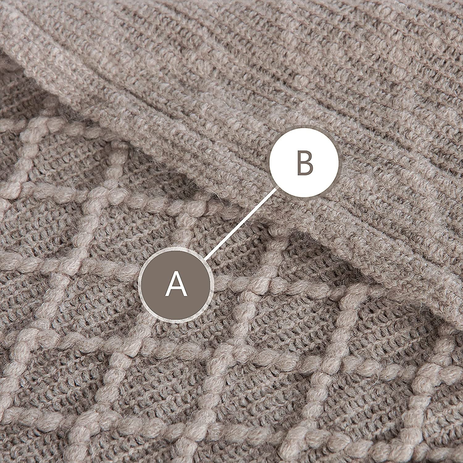 Acrylic Knitted Throw Blanket - Lightweight and Soft Cozy Woven Blanket with Tassels for Travel, Couch, Bed, and Sofa, 51 x 67 Inches, Taupe Checkered Design