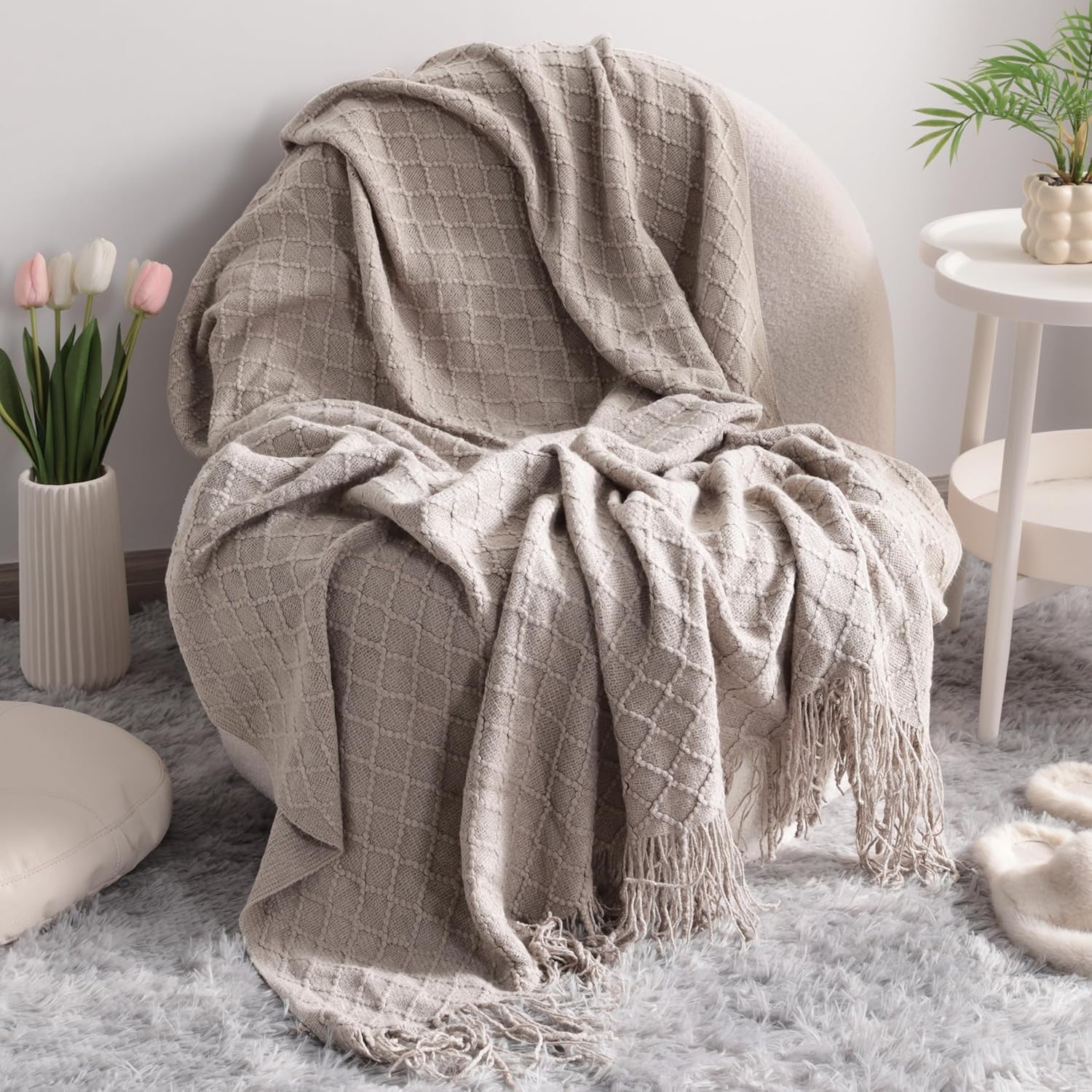 Acrylic Knitted Throw Blanket - Lightweight and Soft Cozy Woven Blanket with Tassels for Travel, Couch, Bed, and Sofa, 51 x 67 Inches, Taupe Checkered Design