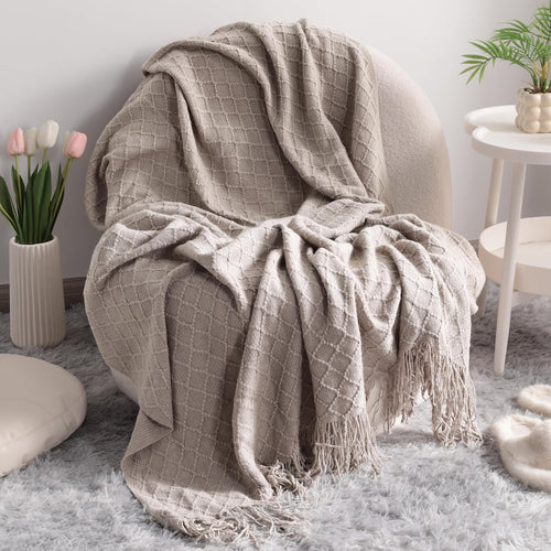 Acrylic Knitted Throw Blanket - Lightweight and Soft Cozy Woven Blanket with Tassels for Travel, Couch, Bed, and Sofa, 51 x 67 Inches, Taupe Checkered Design