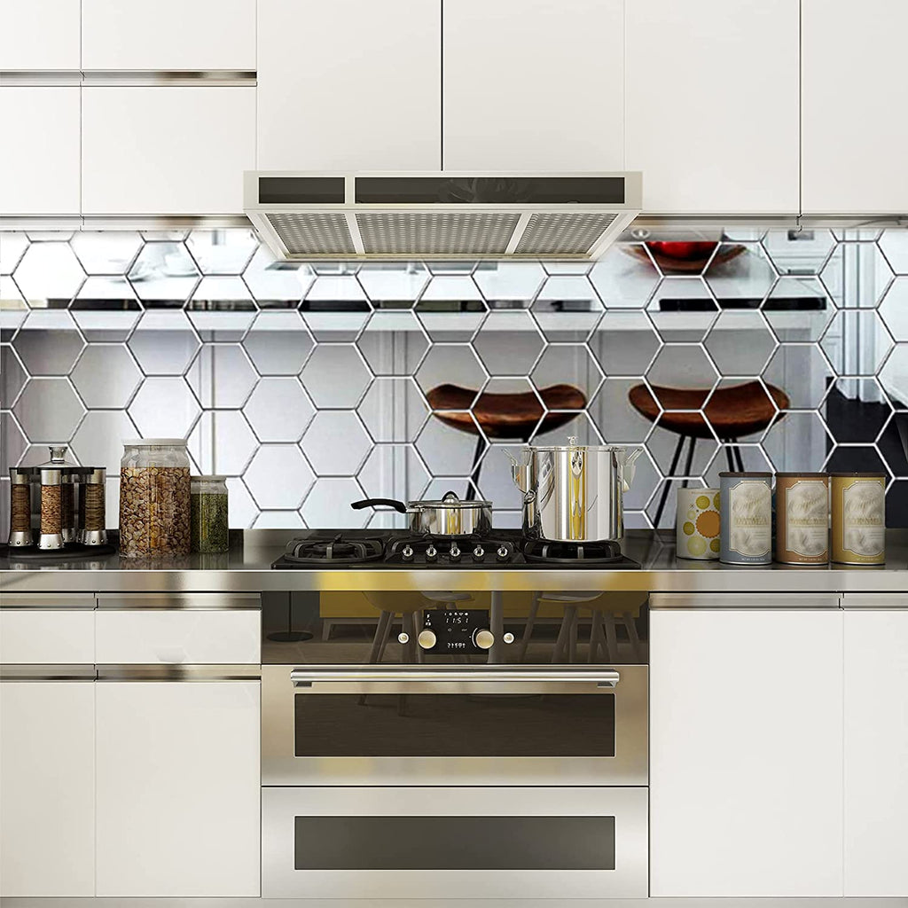 Hexagon Acrylic Mirror Wall Stickers - 24 Self-Adhesive Tiles for Aesthetic Bedroom and Living Room Decor (3.4''x4''x2'', Silver)