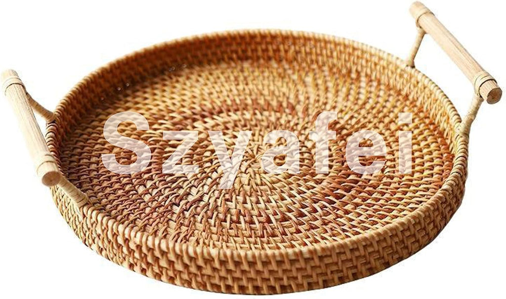 Handcrafted Round Rattan Tray with Handle - Versatile Food Basket for Displaying Bread, Coffee, Breakfast, or Fruit (11 x 11 x 0.39 in)