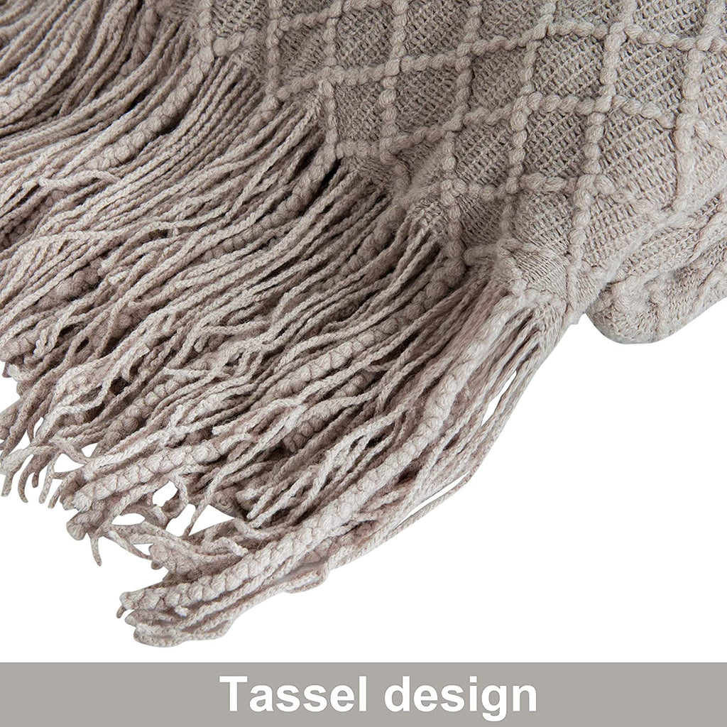 Acrylic Knitted Throw Blanket - Lightweight and Soft Cozy Woven Blanket with Tassels for Travel, Couch, Bed, and Sofa, 51 x 67 Inches, Taupe Checkered Design