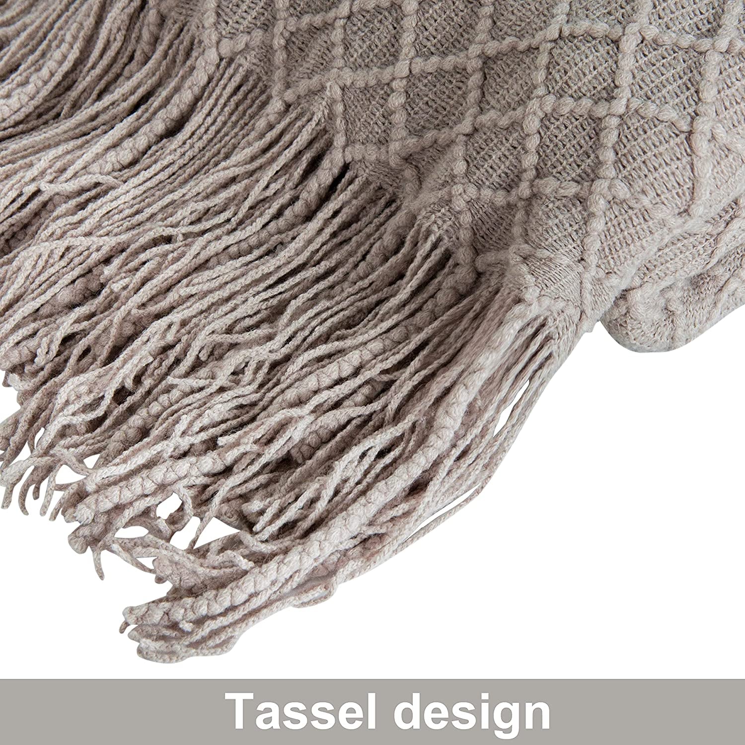 Acrylic Knitted Throw Blanket - Lightweight and Soft Cozy Woven Blanket with Tassels for Travel, Couch, Bed, and Sofa, 51 x 67 Inches, Taupe Checkered Design
