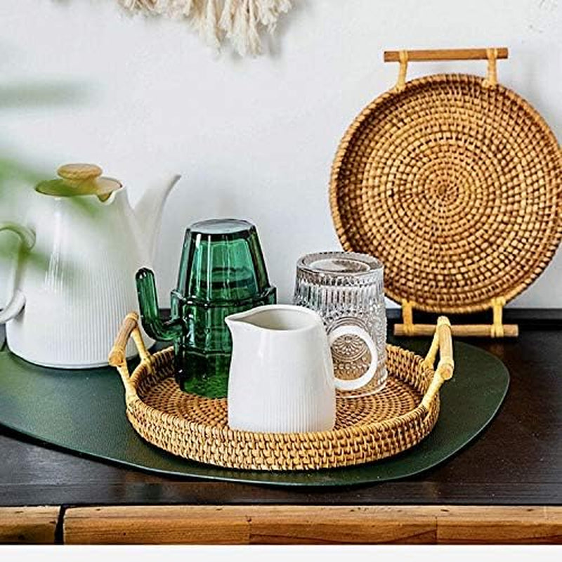 Handcrafted Round Rattan Tray with Handle - Versatile Food Basket for Displaying Bread, Coffee, Breakfast, or Fruit (11 x 11 x 0.39 in)