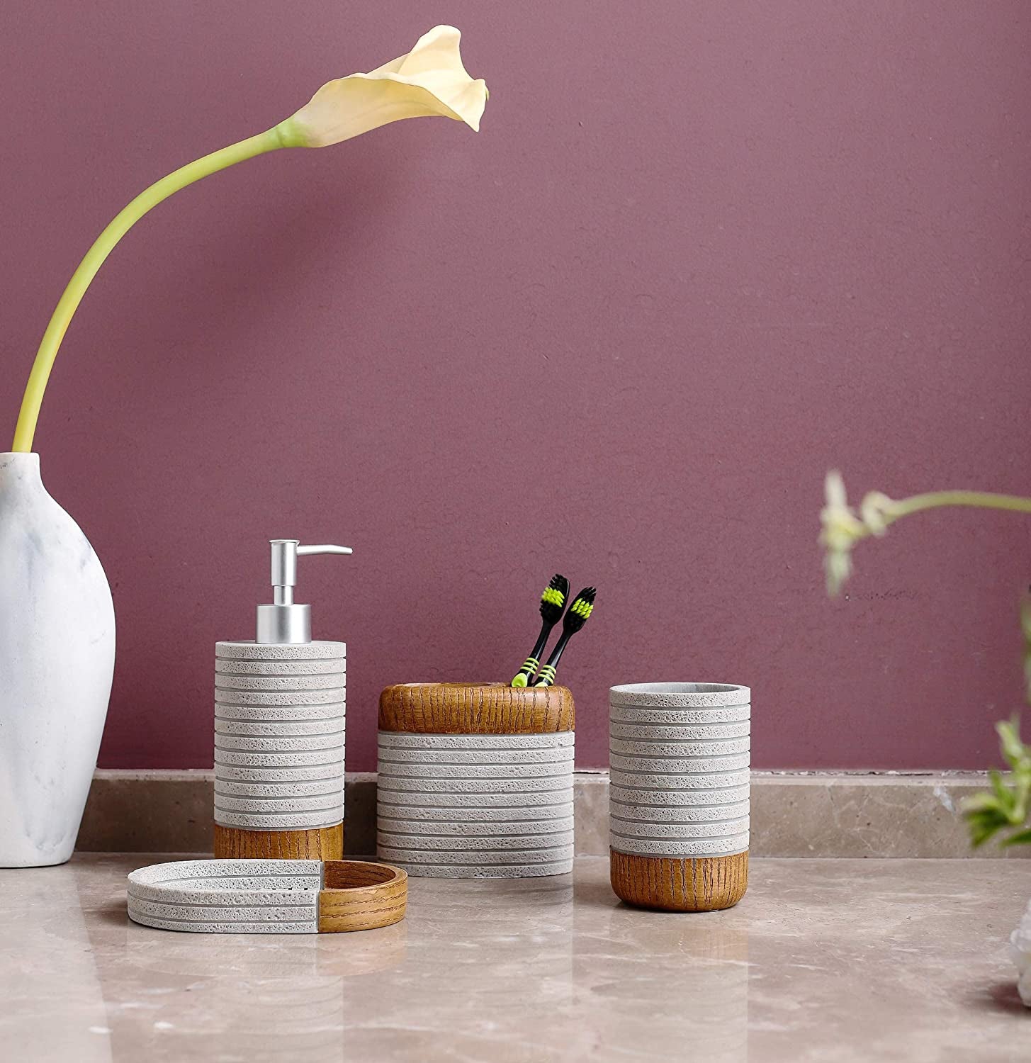 Bathroom Accessories Set - 4-Piece Resin Gift Set Including Toothbrush Holder, Soap Dispenser, Soap Dish, and Tumbler for Farmhouse Bathroom Decor