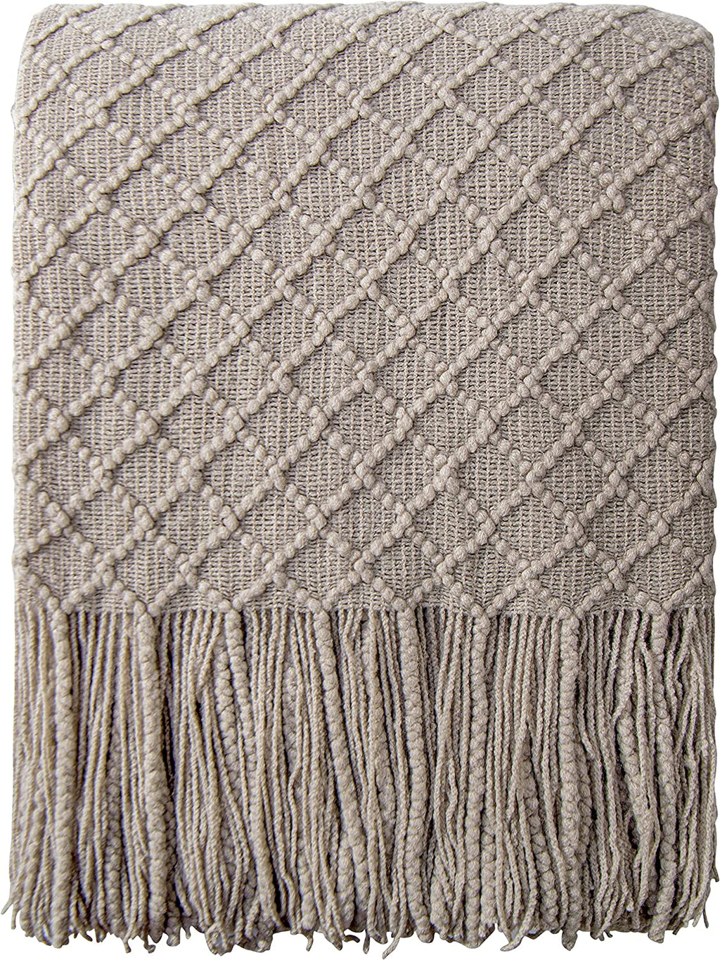 Acrylic Knitted Throw Blanket - Lightweight and Soft Cozy Woven Blanket with Tassels for Travel, Couch, Bed, and Sofa, 51 x 67 Inches, Taupe Checkered Design