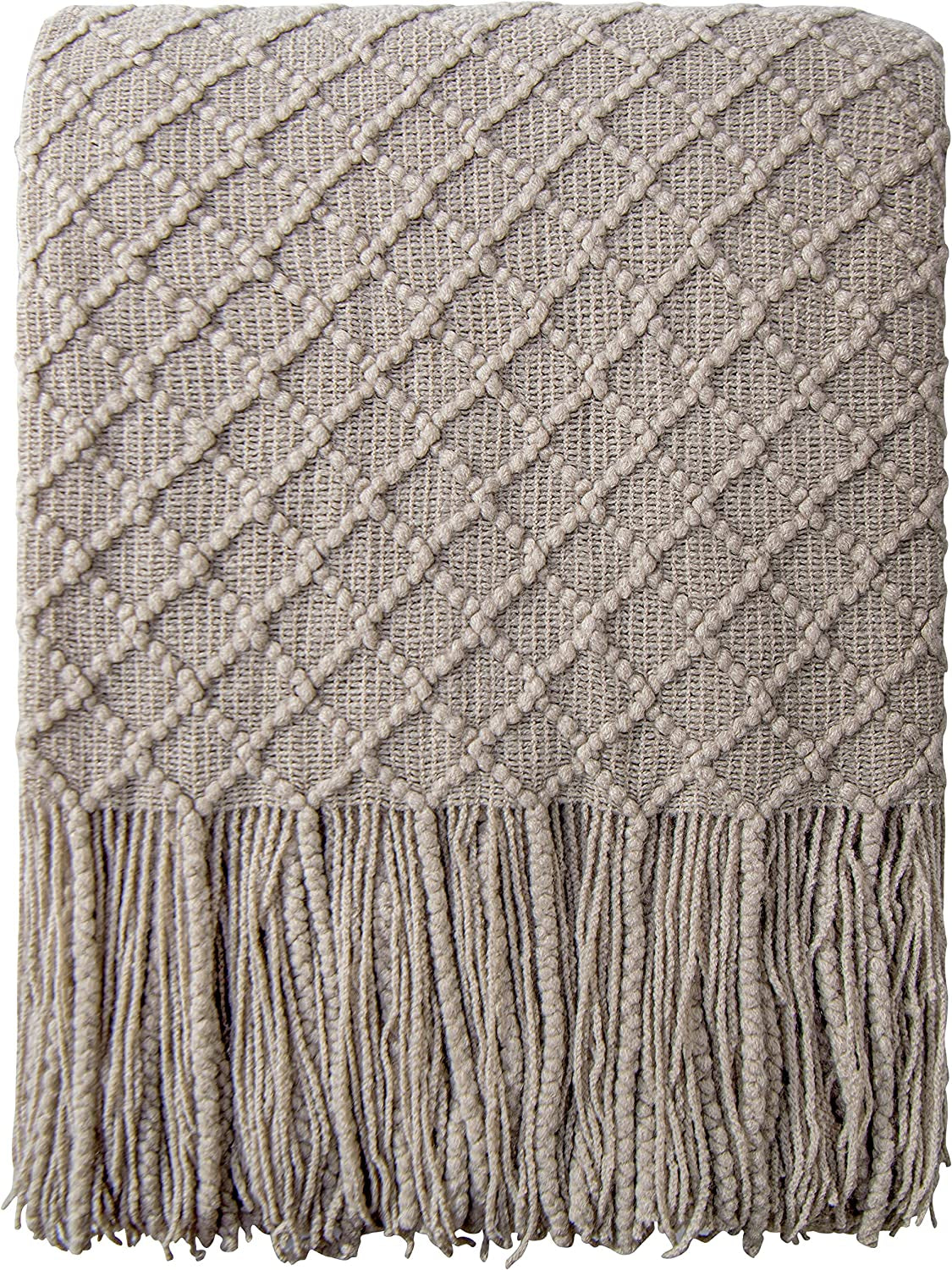 Acrylic Knitted Throw Blanket - Lightweight and Soft Cozy Woven Blanket with Tassels for Travel, Couch, Bed, and Sofa, 51 x 67 Inches, Taupe Checkered Design