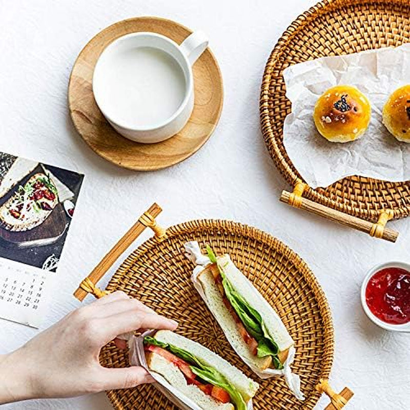 Handcrafted Round Rattan Tray with Handle - Versatile Food Basket for Displaying Bread, Coffee, Breakfast, or Fruit (11 x 11 x 0.39 in)