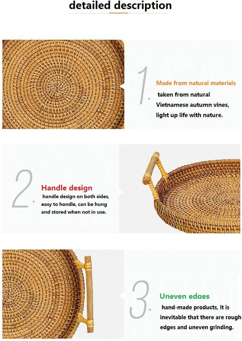 Handcrafted Round Rattan Tray with Handle - Versatile Food Basket for Displaying Bread, Coffee, Breakfast, or Fruit (11 x 11 x 0.39 in)